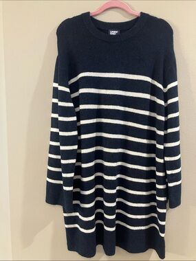 Lands' End Navy and White Striped Knit Sweater Dress
